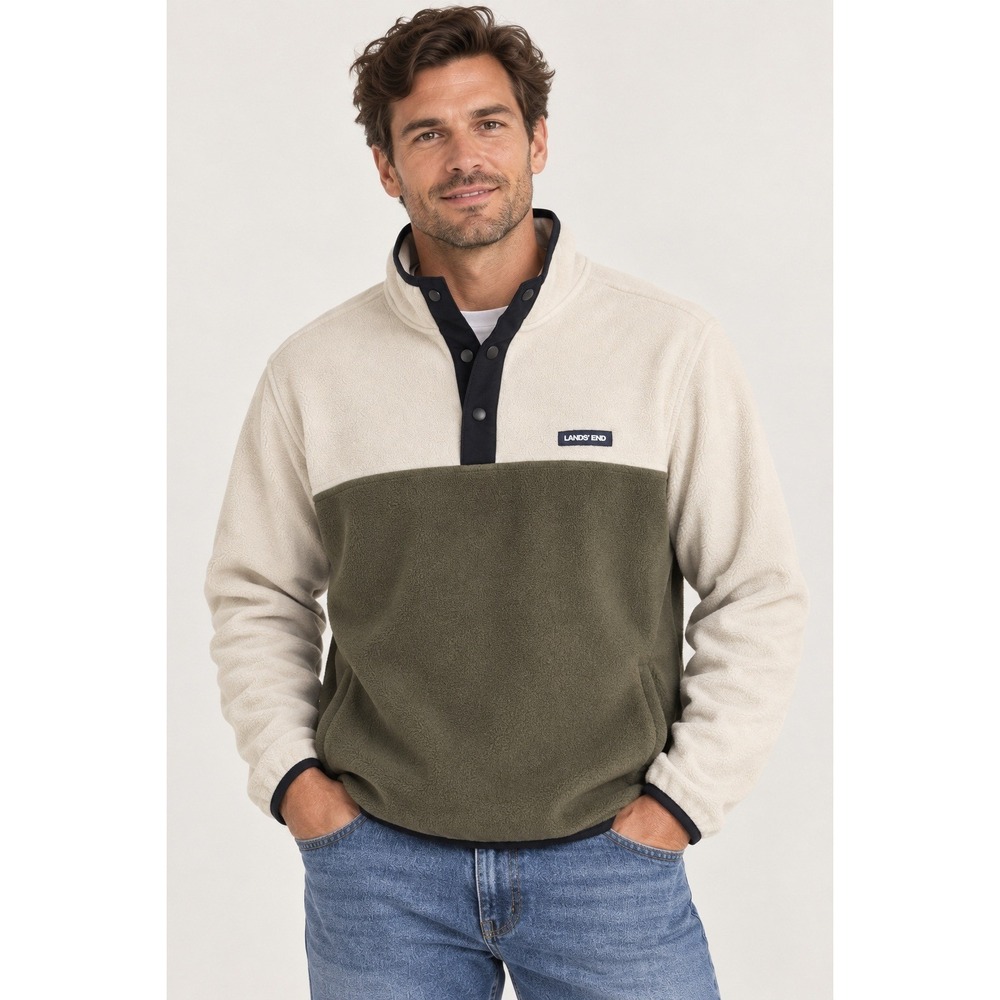 Lands' End Men's Large Colorblock Fleece Snap Pullover Ivory Olive Green Outdoor